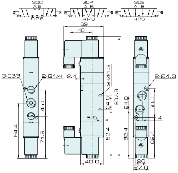 4v330c-10 τύπος 5/3 AirTAC βαλβίδα σωληνοειδών τρόπων